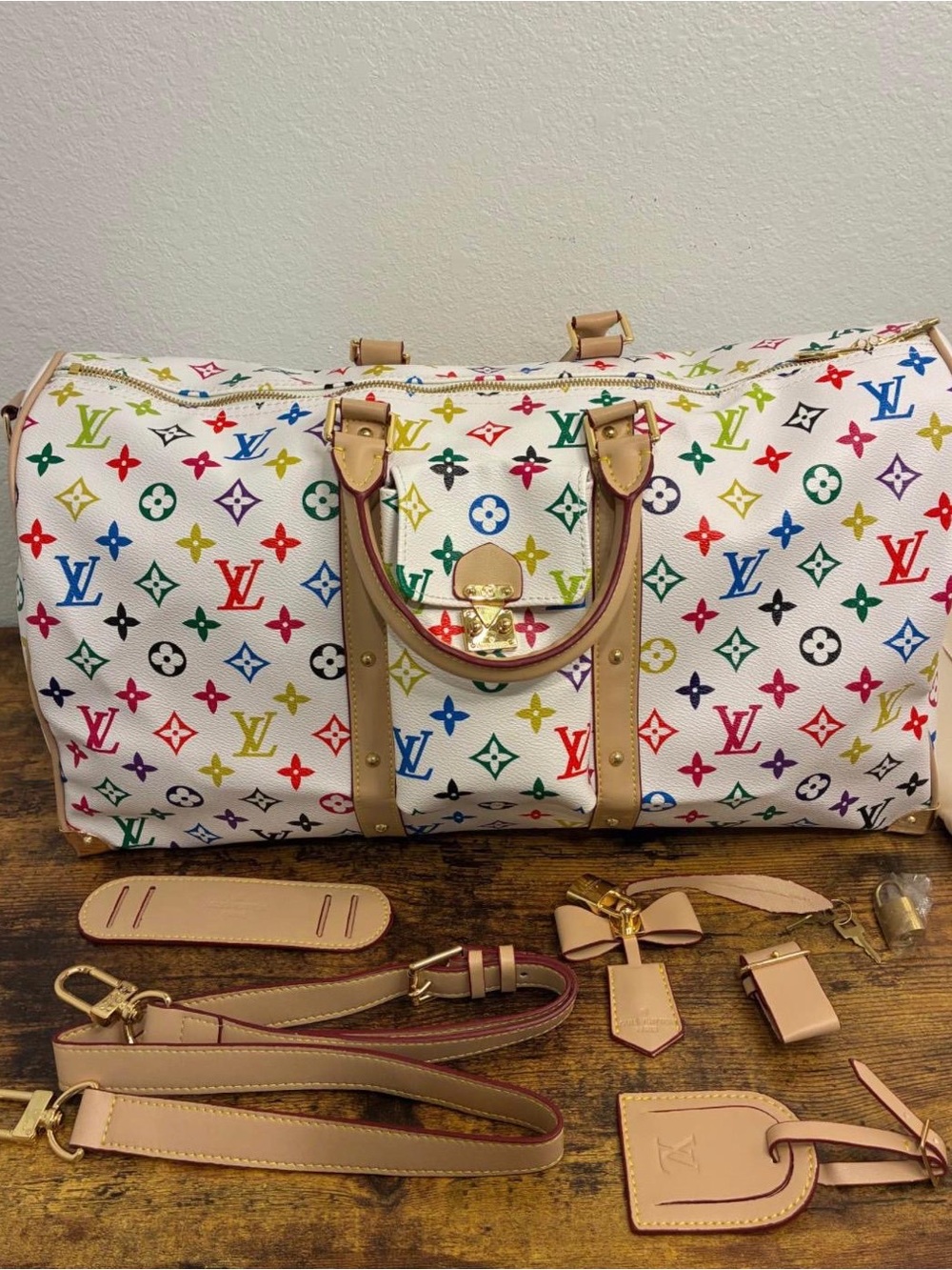 Louis Vuitton Multicolor Monogram White Travel Holdall with Tan Trim